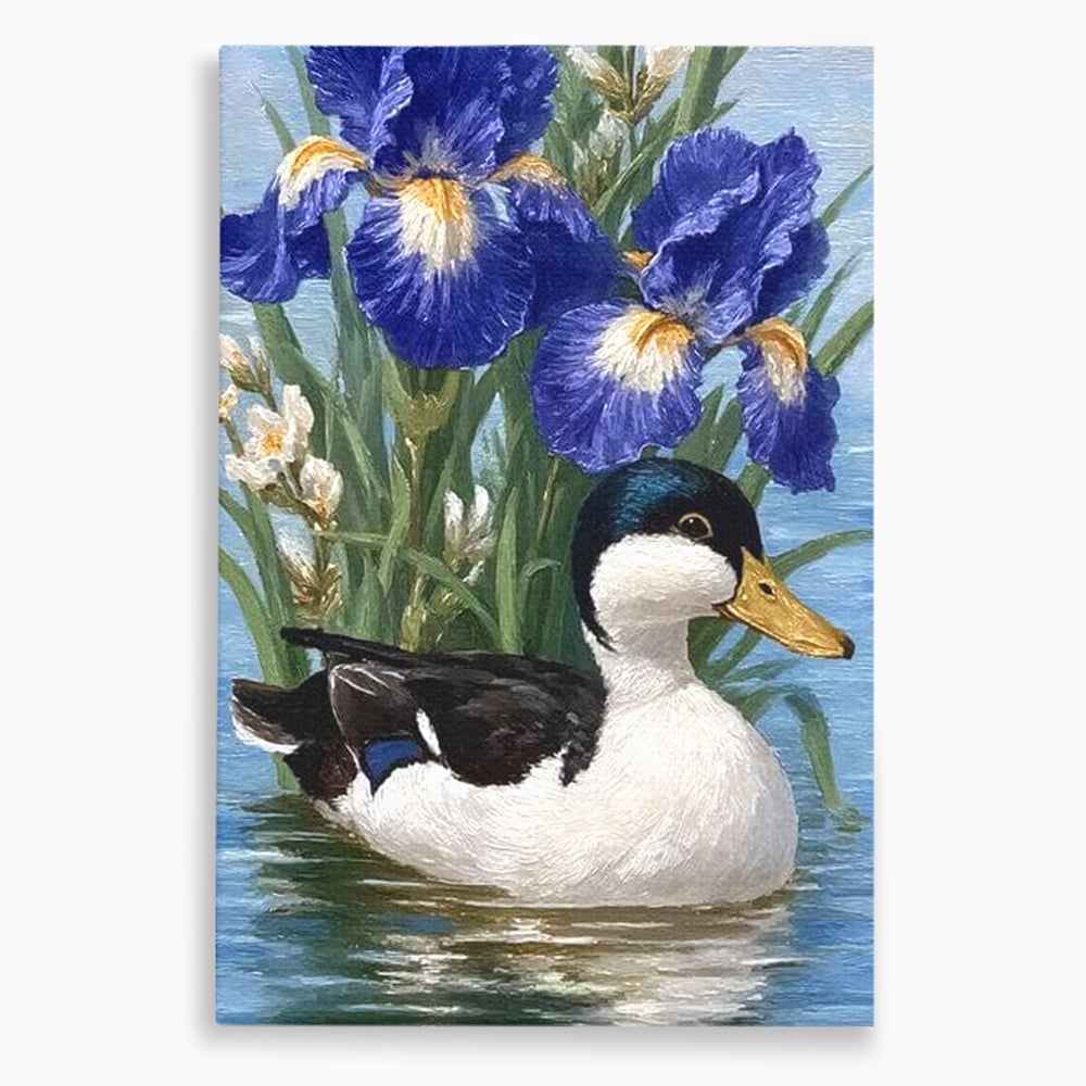 Tablou canvas cu tablou canvas cu rata pe lac si flori de iris, fara rama, pe sasiu de lemn